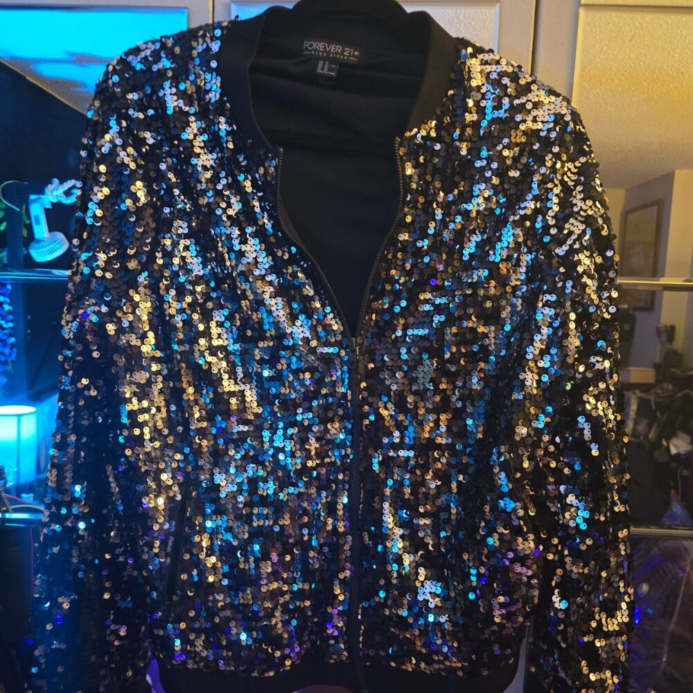 Black And Silver Sequin Bomber Jacket